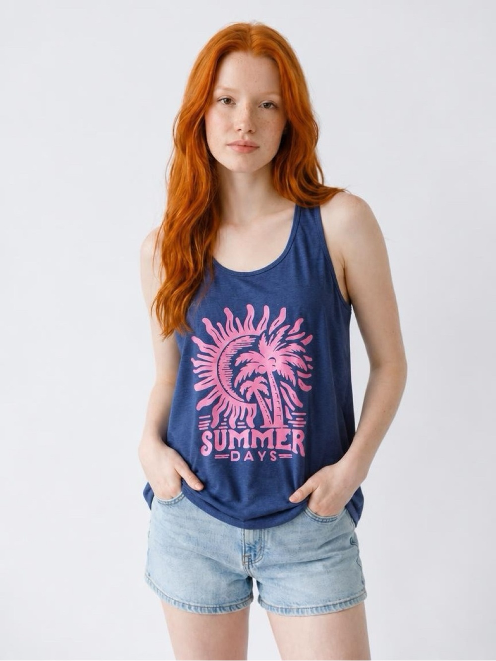 Palm Tree Graphic Navy Blue Tank Top - Summer Days NWOT